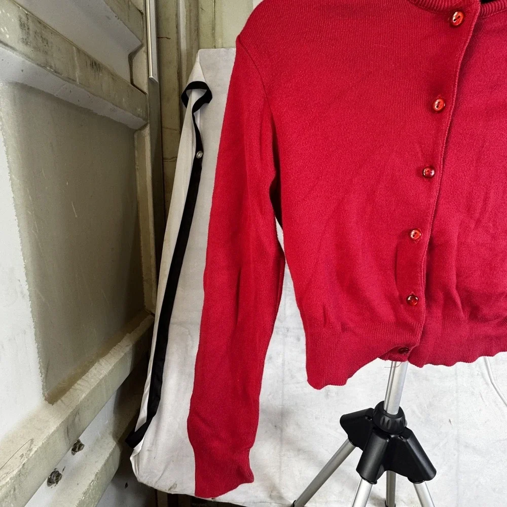 Blue Asphalt Cropped Cardigan Sweater Women's Small Red Tight Knit Button Front